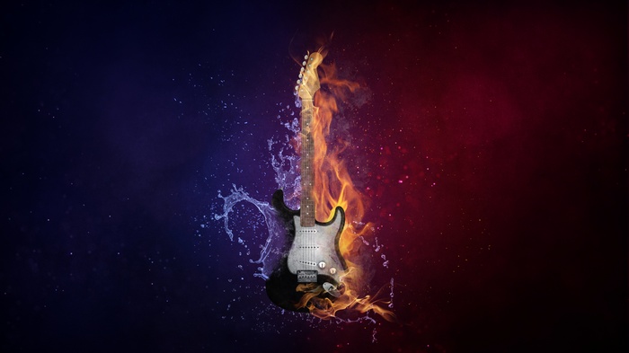 Electric guitar with fire and water effects