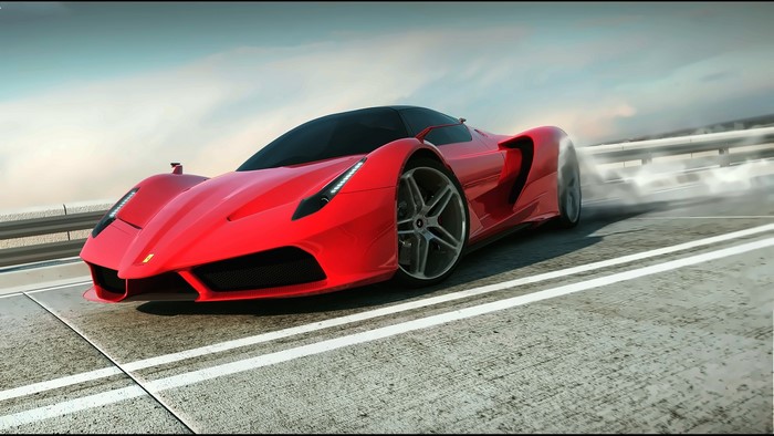 Red Ferrari sports car drifting on a road