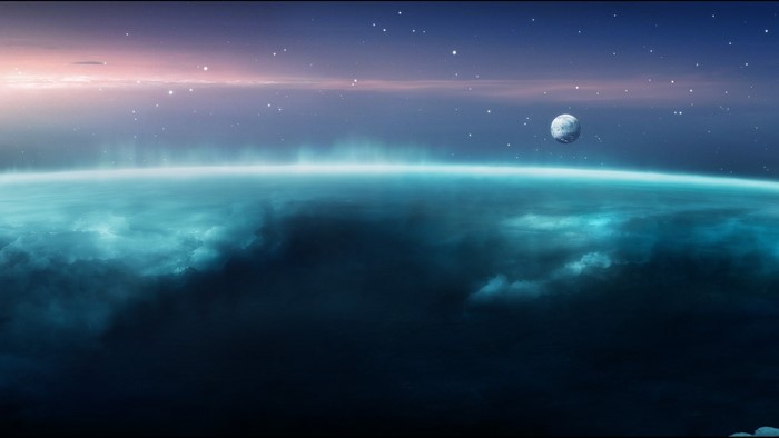 Planet with Aurora and Moon in Space