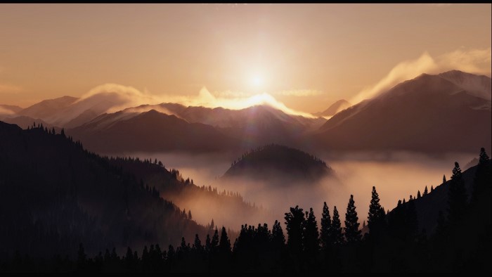 Sunrise over misty mountains with silhouetted trees