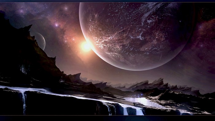 Alien planet landscape with large planets in the sky