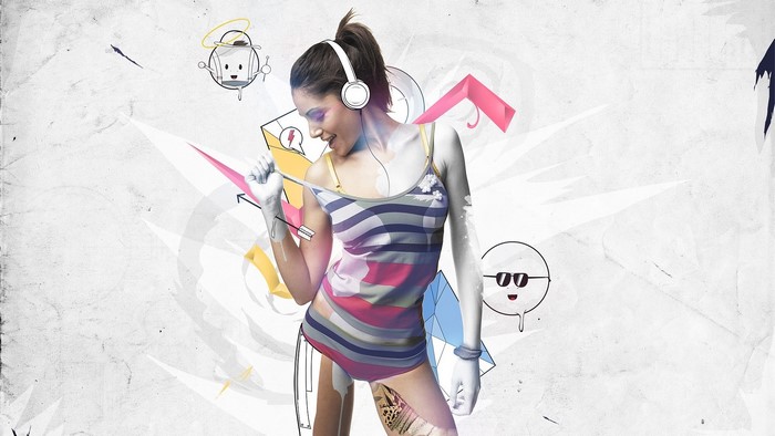 Girl with headphones dancing with abstract art