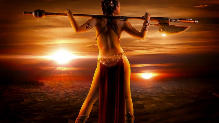 Princess Leia with a weapon in a desert