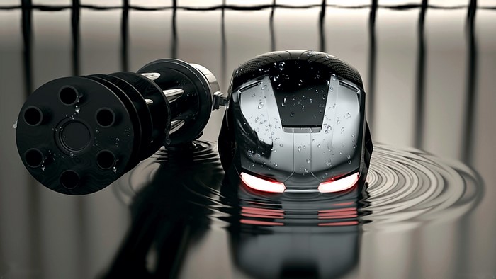 Iron Man helmet and Gatling gun in water