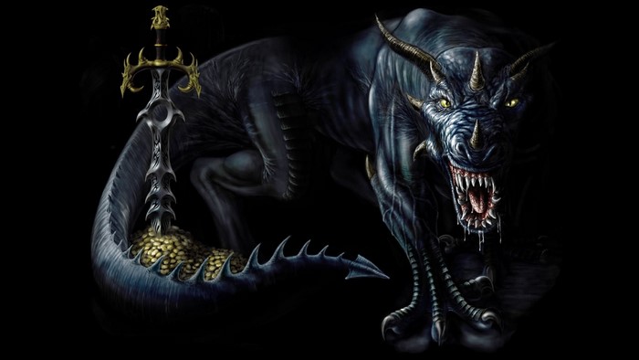 Dragon with a sword and treasure