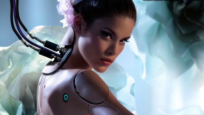 Cyborg woman with flower in hair and cables
