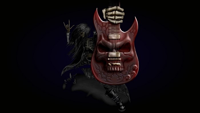 Skeleton playing a skull guitar