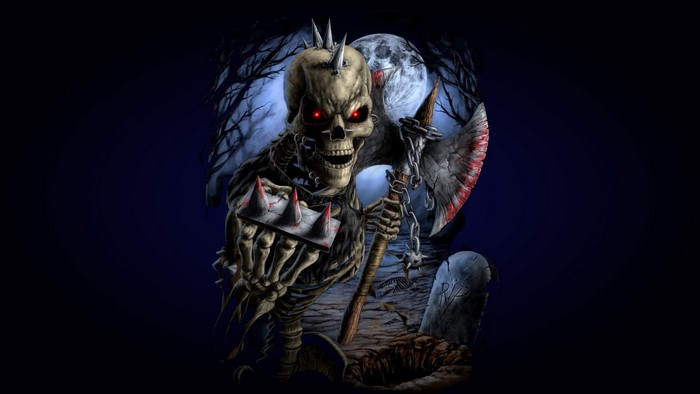 Skeleton warrior with axe in graveyard