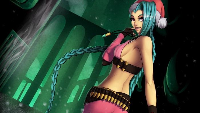 Jinx from League of Legends wearing a Santa hat