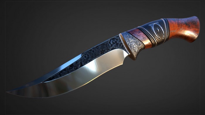 Ornate Hunting Knife with Silver and Wood Handle