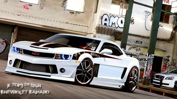 White Chevrolet Camaro with custom design