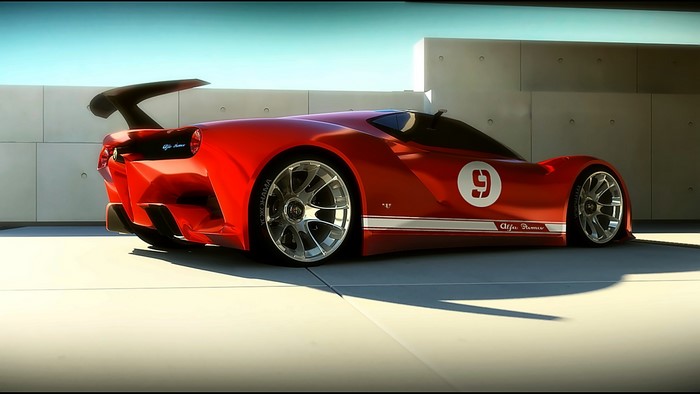 Red Alfa Romeo race car with number 9
