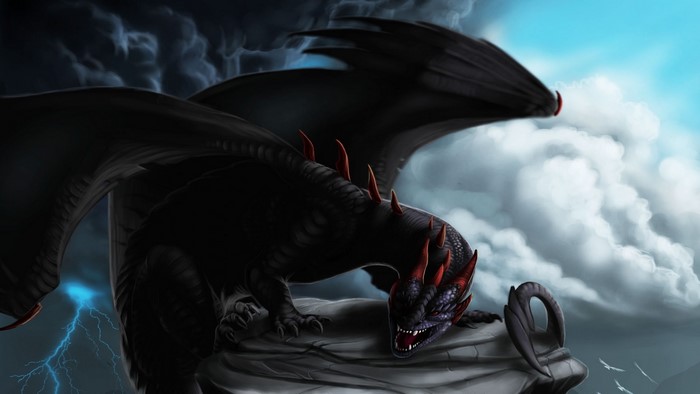 Black Dragon with Red Spikes in Stormy Sky