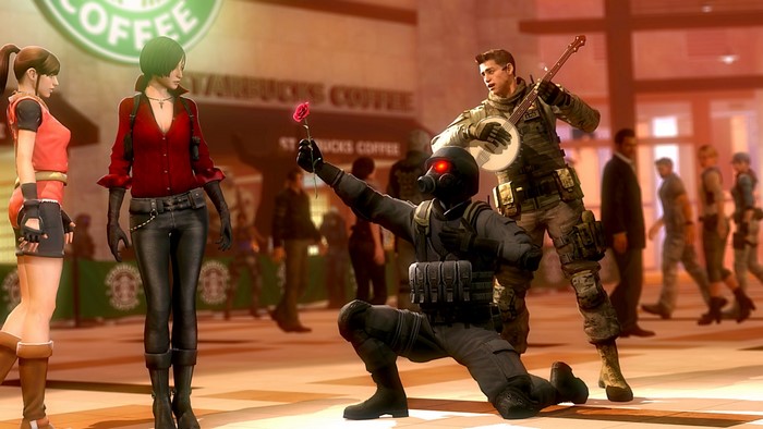 HUNK from Resident Evil offers a rose to Ada Wong