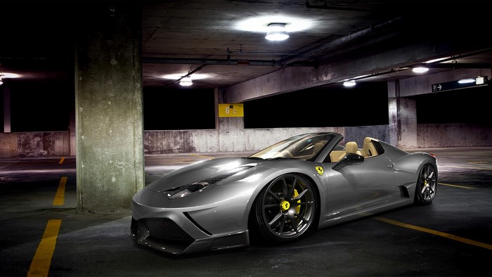 Silver Ferrari Convertible in Parking Garage