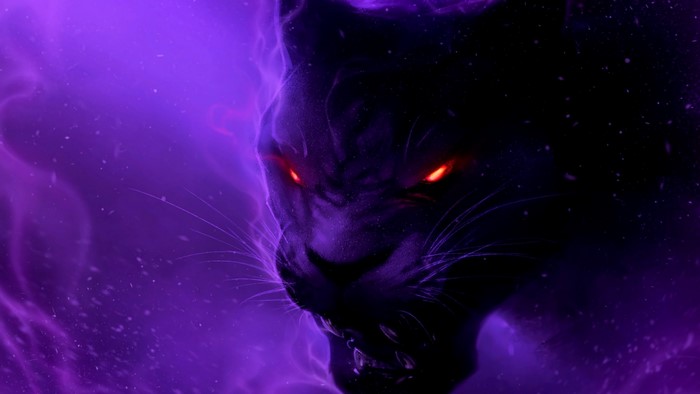 Black Panther with glowing red eyes surrounded by purple energy