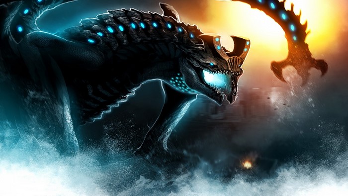 Monster with blue lights in the ocean