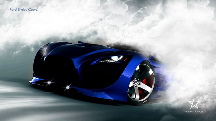 Blue Ford Shelby Cobra concept car in smoke