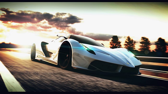 White Ferrari driving on a road at sunset