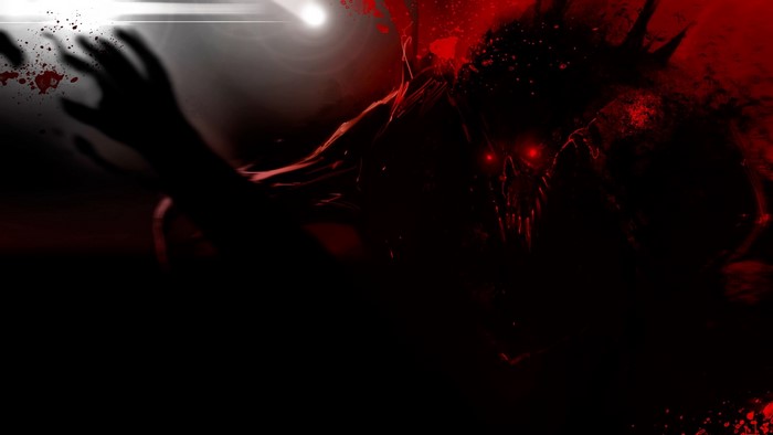 Demon with glowing red eyes and blood splatters