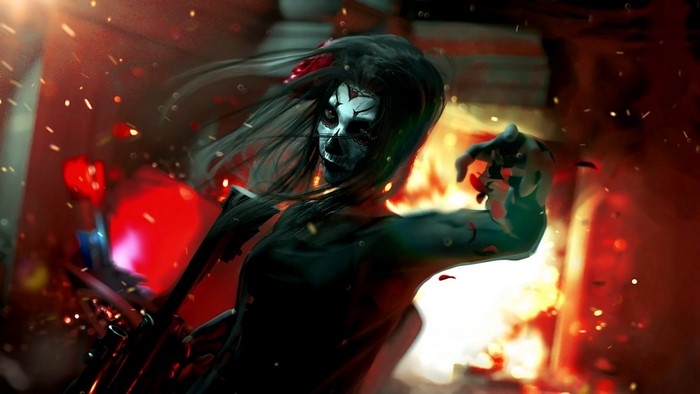 Girl with skull face paint and rifle