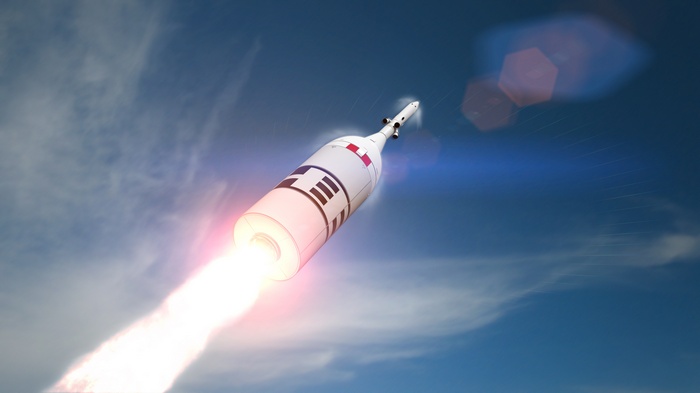Rocket Launching into a Blue Sky with Clouds