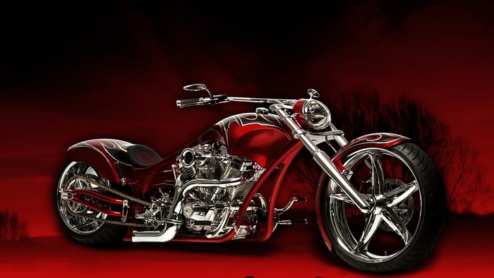 Red custom chopper motorcycle with flame details