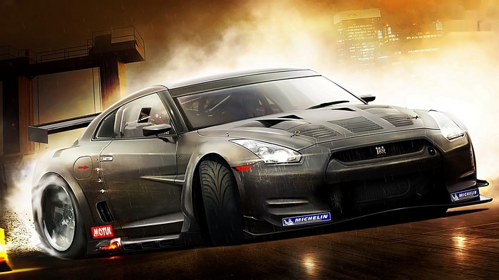 Nissan GTR drifting in the rain