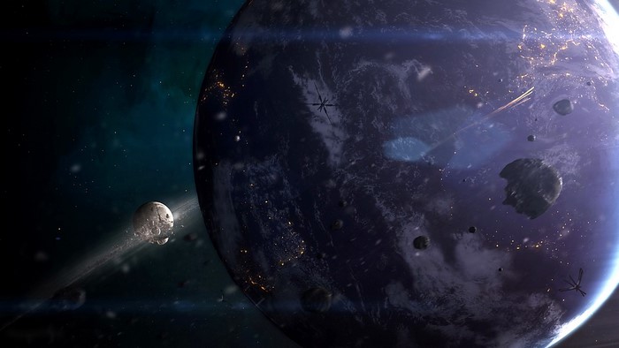 Planet with asteroids and spacecraft