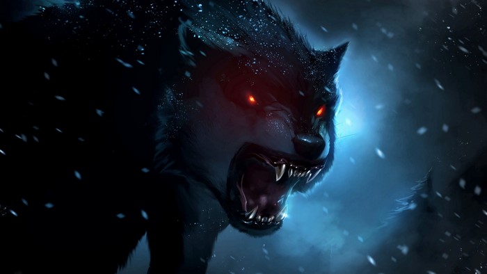 A snarling wolf with glowing red eyes in the snow