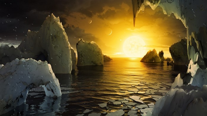Alien ocean with ice formations and multiple moons