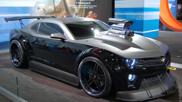 Customized Black and Silver Chevrolet Camaro with Supercharger