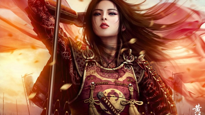 Female warrior in ornate armor holding a spear