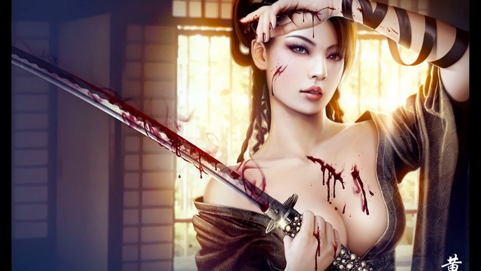 Woman with bloody katana