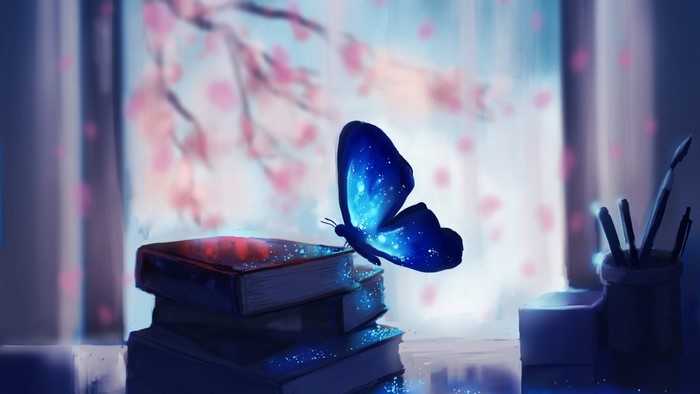 A glowing blue butterfly rests on a stack of books
