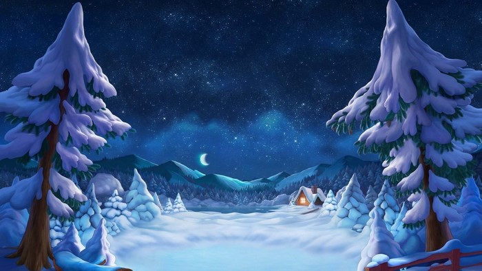 Winter Night Landscape with Snow-Covered Trees and Mountains