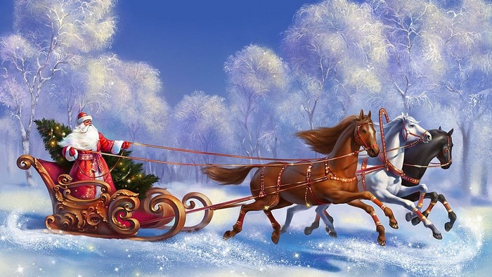 Santa Claus in a Sleigh Pulled by Three Horses