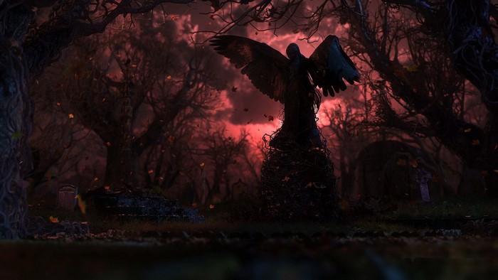 Angel statue in a dark, spooky forest