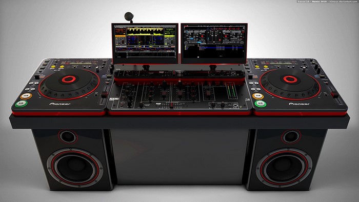 Pioneer DJ system with dual monitors and speakers