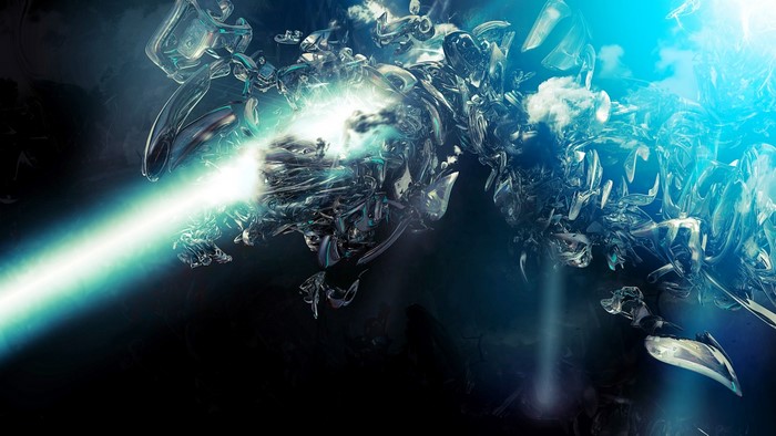 Abstract metallic structure with glowing light beam