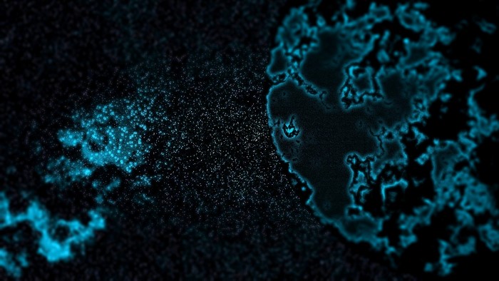Abstract blue particles and shapes on black background
