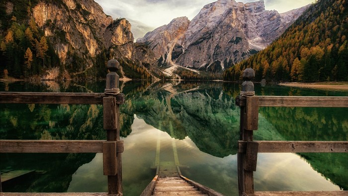 Pragser Wildsee with Mountains and Wooden Pier