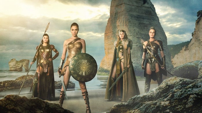 Wonder Woman and Amazon warriors on a beach