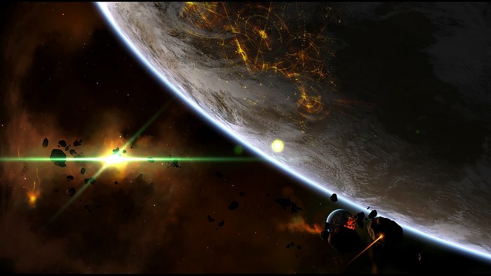 Space scene with planet, asteroids, and starburst
