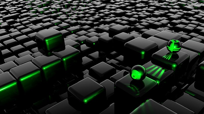Black Cubes with Green Lights and Spheres