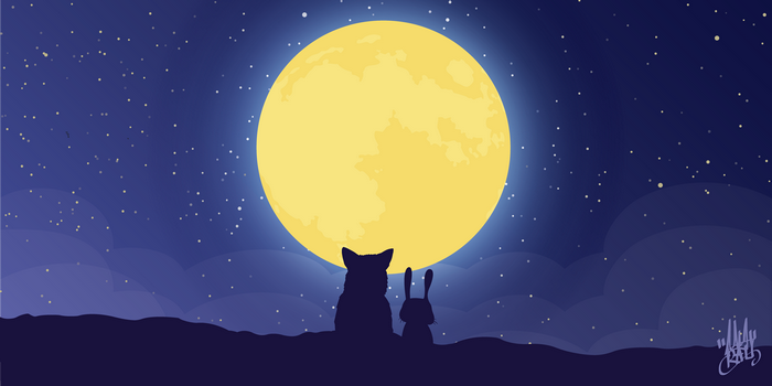Fox and Rabbit Silhouettes Under a Full Moon