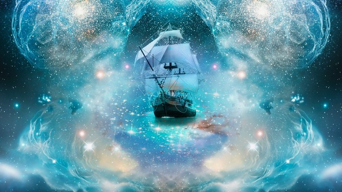 Sailboat sailing through a starry nebula