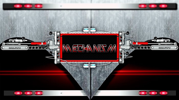 Mechanism logo with metallic and red accents