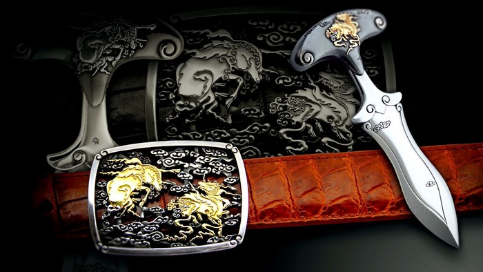 Ornate Dagger, Belt Buckle, and Handle with Horse Motifs
