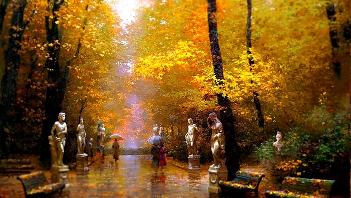 Autumn park with statues and people in the rain